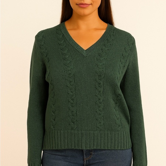 The Unbranded Brand Sweaters - Forest Green Cable Knit Sweater 100% Wool Pullover Cozy Knit Preppy Medium